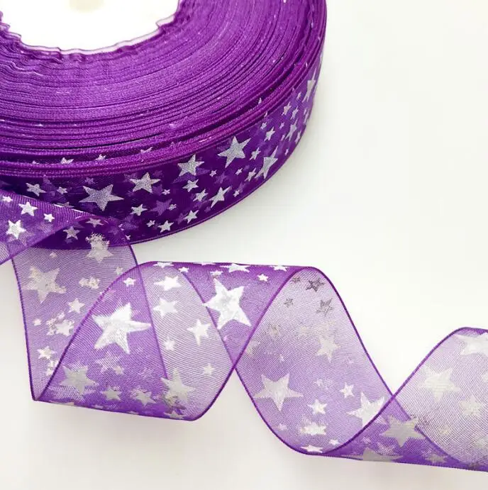 suoja 10Yards/lot 1"(25mm) Printed Star Organza Ribbon Hair Bow Wedding Christmas Decoration DIY Sewing - Цвет: PUR