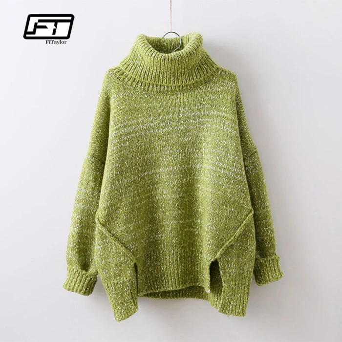 Fitaylor осень зима вязаный свитер для женщин Винтаж Водолазка трикотажный пуловер повседневное свободные с длинным рукавом Нерегулярные