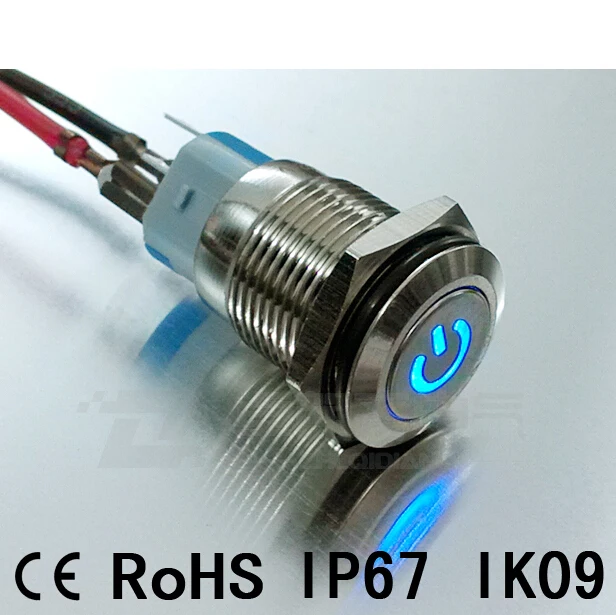 16 мм IP67 водонепроницаемый металлический кнопочный переключатель, светодиодный с подсветкой, самоблокирующийся, самоблокирующийся, CE Rohs, мощность ВКЛ-ВЫКЛ модель 20 шт./лот