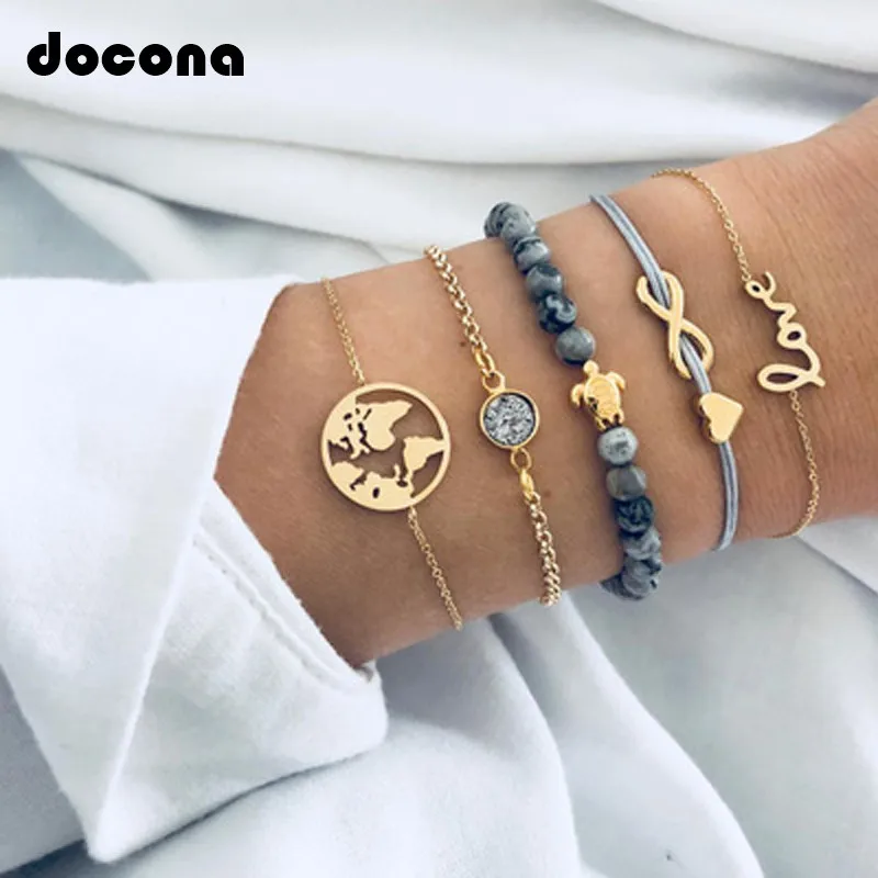 

Docona Gold Color Tortoise Map Infinite Bracelet Set for Women Letter Colorful Beads Bracelet Set Party Jewelry 5pcs/1set 6536