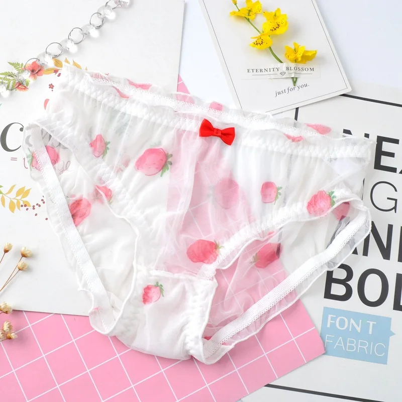 

Summer Japanese Style Mesh Strawberry Print Panties for Women Sexy Breathable Transparent Female Underwear Cute Lovely Breifs