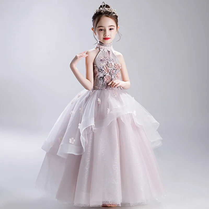 

2019 New Summer Children Princess Gown Dress Appliques And Beading Long Dress Hang Neck Dress Wedding Evening Clothing Dress D34