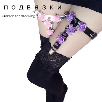

Fashion Harajuku Garters Belts One line Leg Harness 2015 plus size Handmade Flowers Punk Rock Goth Stud Rivets leather Garter