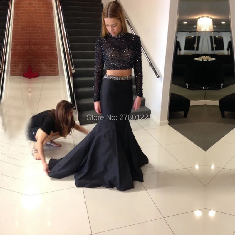 

Beading High Neck Mermaid Evening Dresses Sleeves 2 Piece Sexy Keyhole Backless Prom Dress 2020 Long Party Dress Vestido Baile