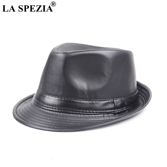 black leather trilby hat