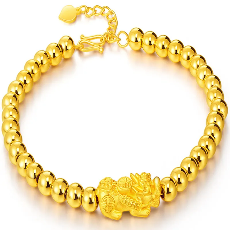 Pure 24K Yellow Gold Bracelet 999 Gold Dragon Son 4mm Smooth Beads