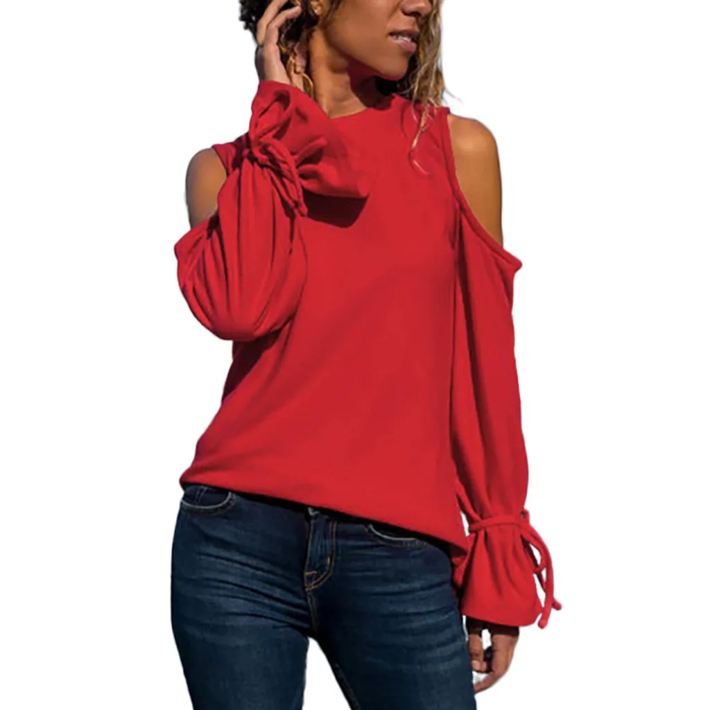 CHAMSGEND Pullover Lace Up Off Shoulder Bandage T-Shirt Round Neck Loose Long Sleeve Solid Color Women Casual Shirts 13.DEC.27 - Цвет: Red