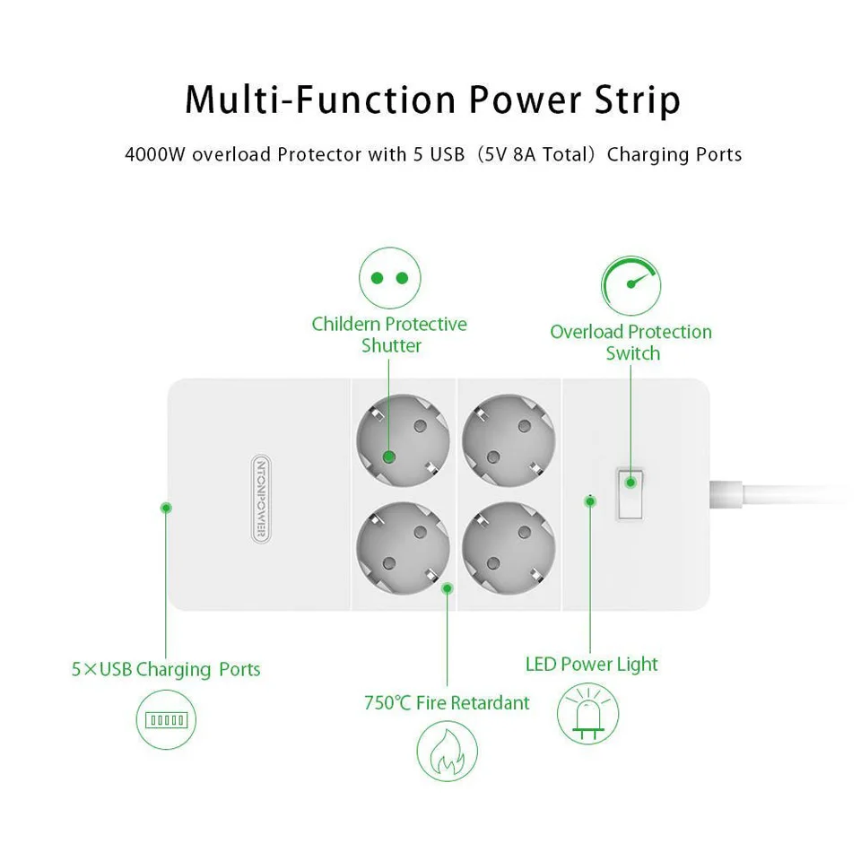 NTONPOWER HPC USB электрическая розетка с европейской вилкой удлинитель 4 розетки переменного тока защита от перенапряжения с 5 портами usb 2,4 А Максимальная умная зарядка