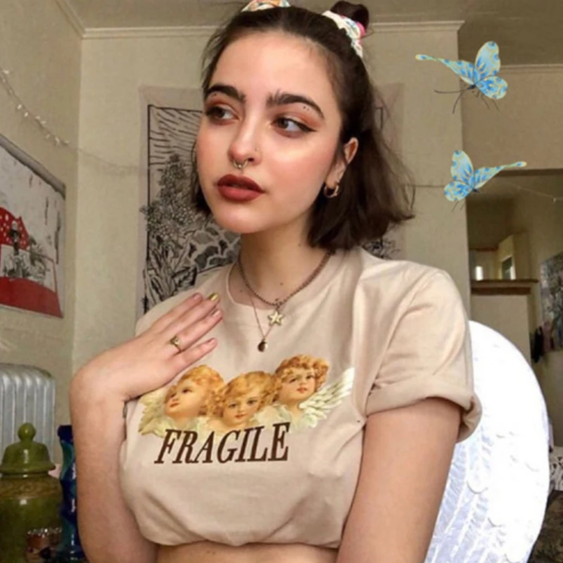 

Baby Angel print vintage T-shirts fragile letter Short Sleeve Khaki cartoon kawaii women Tee Summer 2019 new korean harakuju top