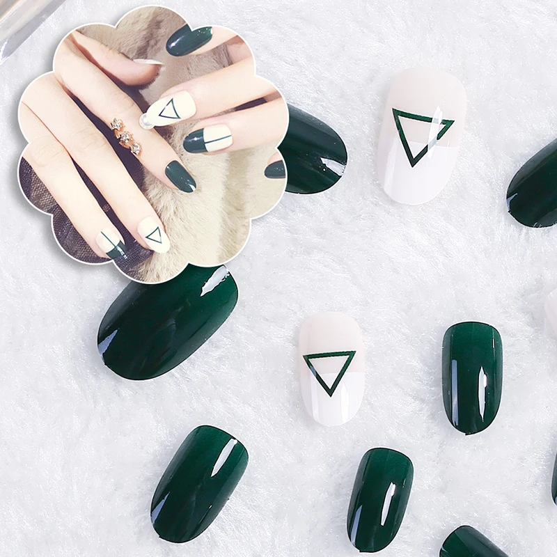 24Pcs/Set DIY Nail Art Women Dark Green Triangle Fake Finger Nails False Nail Lady Full Nails Tips Tools