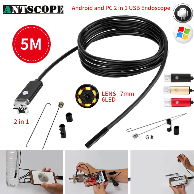 

Antscope 7MM 2IN1 USB Endoscope Android Camera 5M Tube Pipe Waterproof Phone PC USB Endoskop Inspection Borescope Mini Camera 30