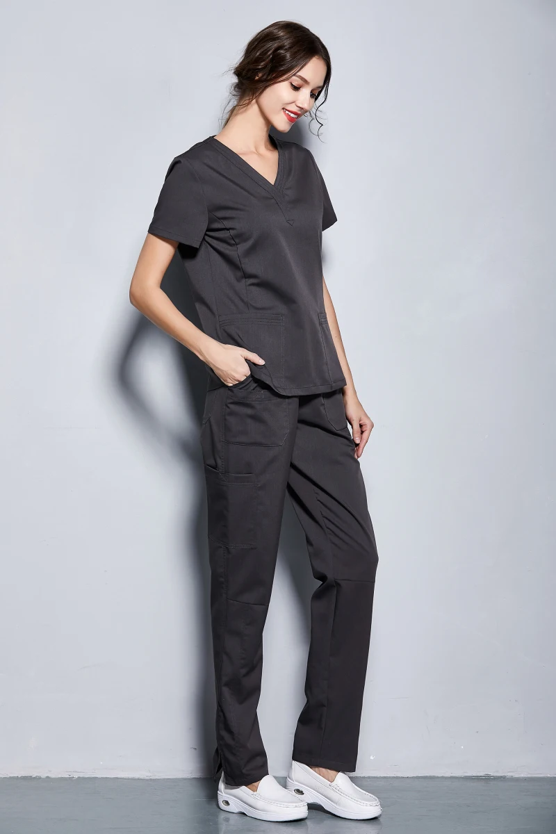 New Women's Medical Black Scrubs Ladies' Short Sleeve Scrub Uniforms Set Dental Clinic Fancy Design Surgical Clothes Slim Fit