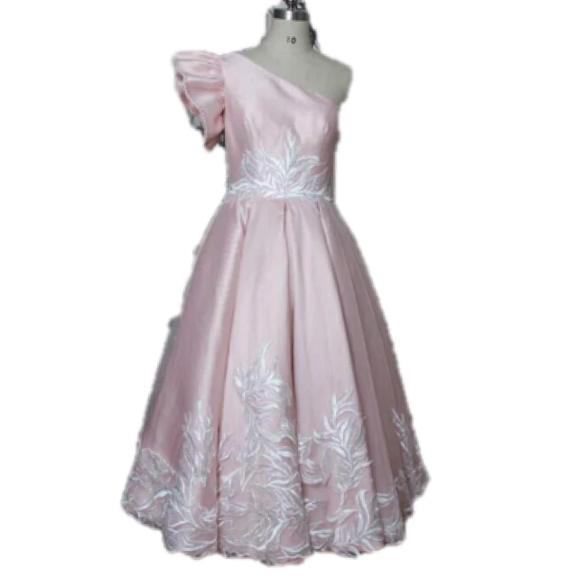 

hot selling one-shoulder tea-length a line appliques pink prom dress birthday sweet 16 dress gala wear