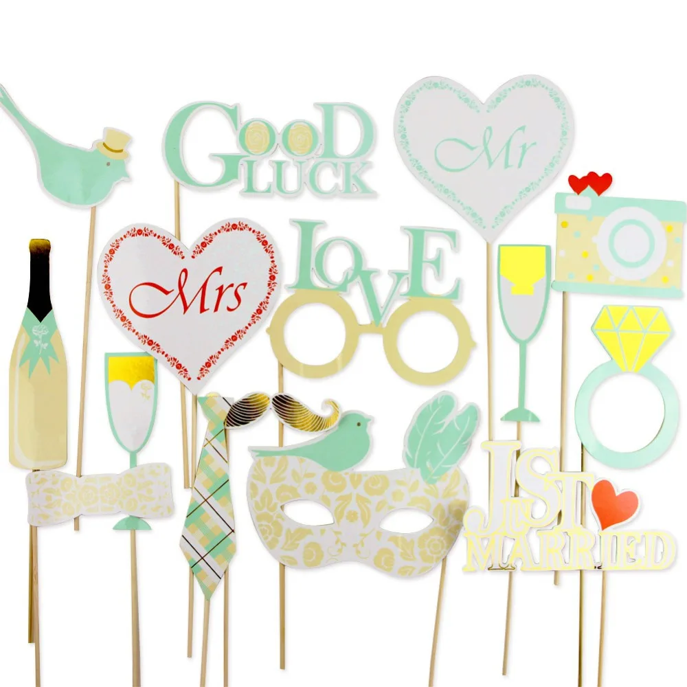 

Mint 16pcs Wedding Photo Booth Props Kit with Gold Sparkly Holiday Song Lyric Photo Props on a Stick Wedding Signs
