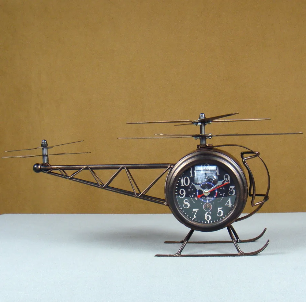 

Shabby Effect Metal Helicopter Model Desk Clock Handmade Wrought Iron Bracket Clock Aircraft Decor Art Craft Ornament Furnishing