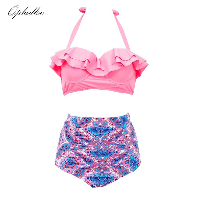 2019 Bather Swimsuit Women Swimwear Ruffle Bikini High Waist Halter May Beach Sexy Bathing Suit Push Up Swimming Suits Female |