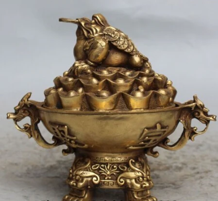 

RHS0118 8" Marked Chinese Bronze Wealth Money Jin Chan Dragon Head Incense Burner Censer