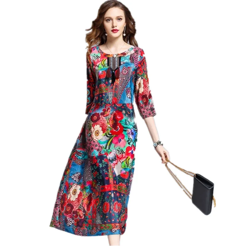 

Summer Women dresses Casual Loose Floral Half sleeve Silk-like Plus Size ethnic boho beach holiday lady Midi Dress 2019 OK117