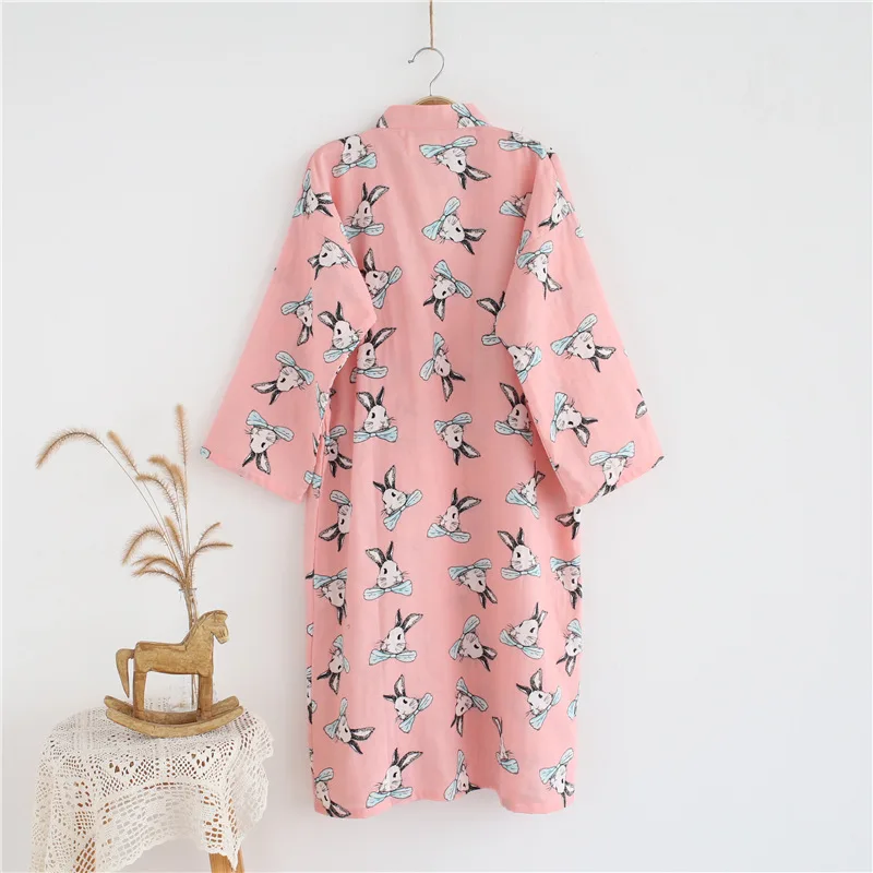 New Cotton Double Gauze Bathrobe Cartoon Rabbit Summer Thin Robe Home Leisure Pajamas Kimono Bath Long Sheer Robes