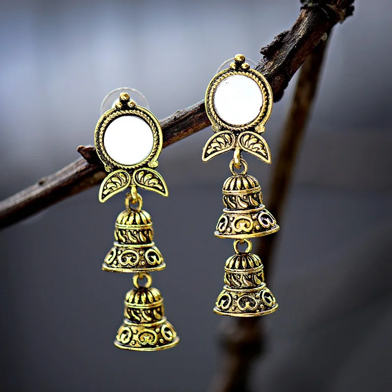 

TopHanqi Bohemian Ethnic Vintage Indian Earrings For Women Gypsy Jewelry Mirror Gold Carving Bell Long Drop Earrings Pendientes