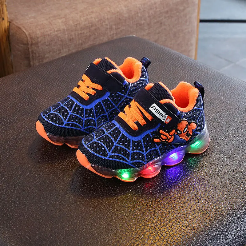 

Winter LED Light Casual Shoes for Kids Fur Warm Cartoon Spiderman Boys Girls Spider Web Sneakers Children Cotton Lighting Shoes
