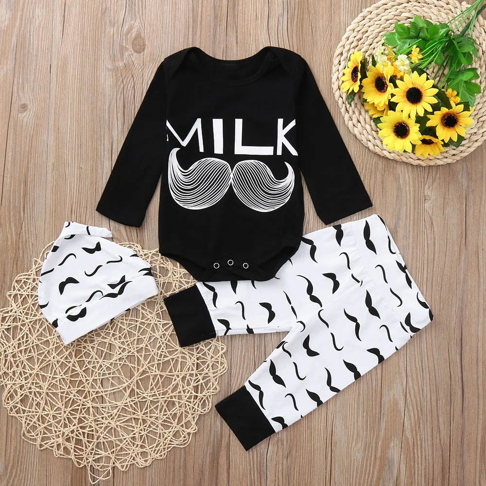 

Newborn Cute Clothing Baby Boys Beard Kids Jumpsuits Pajamas Clothing Letter Print Romper Jumpsuit+Pants+Hat Set Clothes