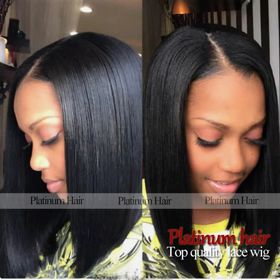 Synthetic Hair Short Straight Black Bob Wig Lace Front Hand Tied