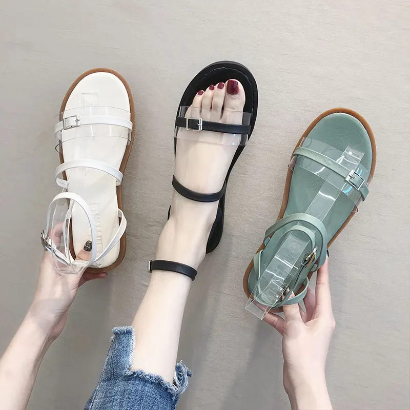

JELLYFOND Beach Sandals Women Summer Shoes Woman Ankle Strap Flat Gladiator Sandals 2019 Open Toe Transparent PVC Sandalia Mujer