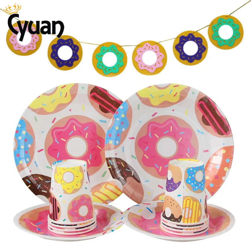 

Donuts Party Tableware Decoration Donuts Paper Cup Napkin Candy Gift Box Banner Balloon Party Birthday Dessert Cake Plate Decor