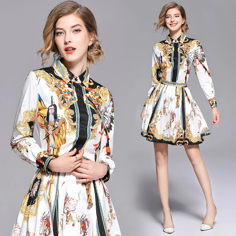 

2019 Spring Summer Fall Runway 2pcs Women Set Retro Vintage Print Collar Long Sleeve Top Shirt Blouse + Luxury Mini Skirt Suits