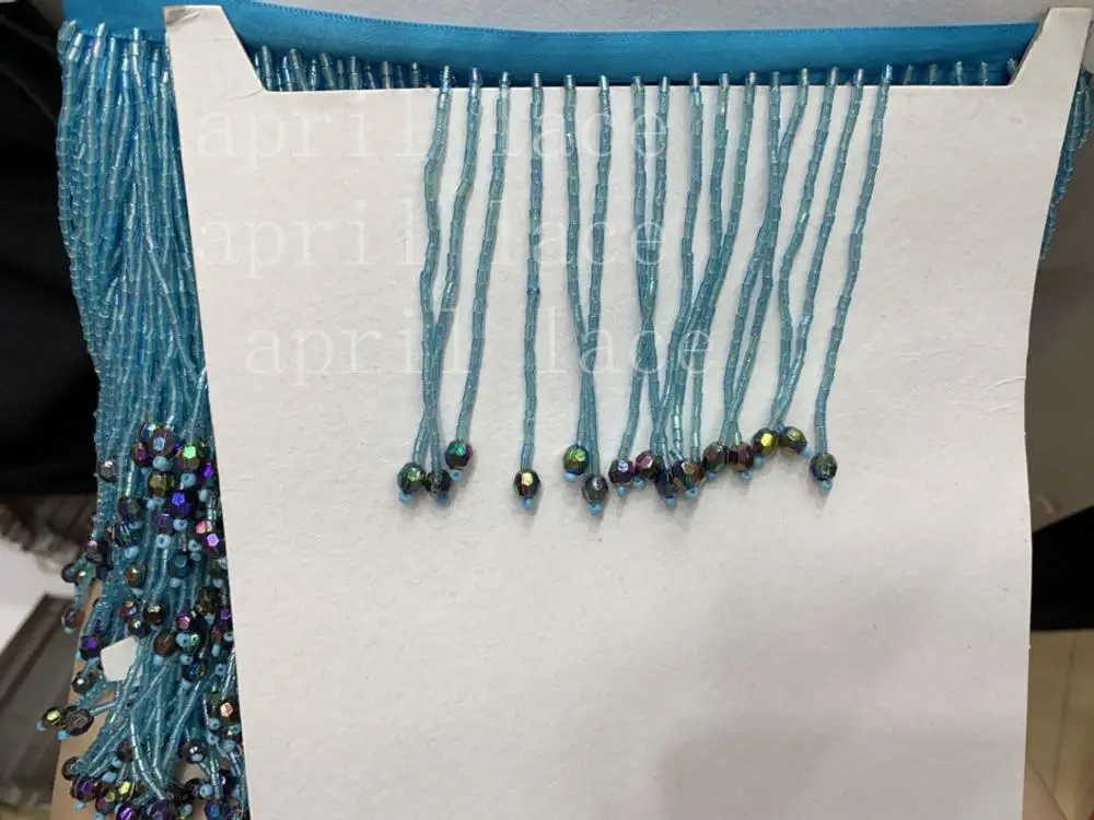 Best cou006# 10 yards bag 7cm width blue colorful pendents beads ribbon fringe tassel for decorative wedding bridal ball gown dress