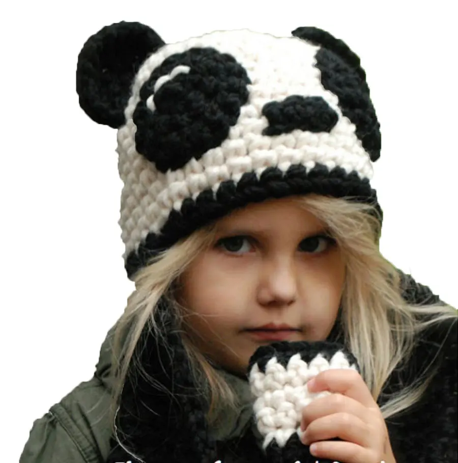 Зима Девочек Шапки и шарф; комплекты для детей черный, белый цвет ручной работы вязаные крючком Panda шапочка Кепки шарфы теплый костюм