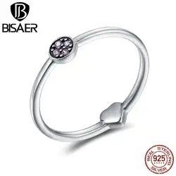 BISAER реального Анель 925 пробы серебро Классический круглый и сердце фиолетовый прозрачный кольца на палец фианит для Для Женщин стерлингов