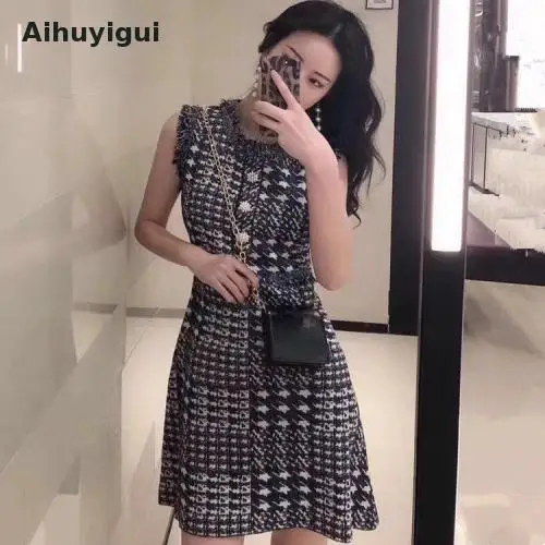 AIHUYIGUI 2019 летнее женское тонкое вязаное платье с узором гусиная лапка элегантное