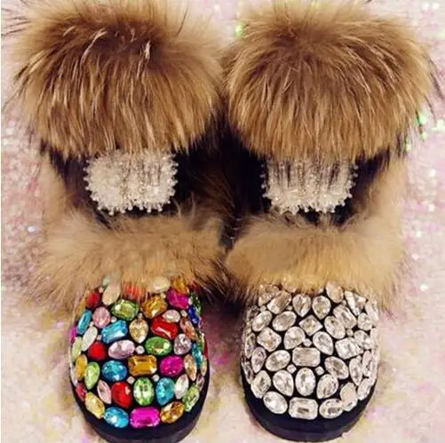 

Winter Woman Warm Real Fox Fur Multi Rhinestone Snow Boots Female Slip-on Mid Calf Boots Girls Plush Inside Bling Crystal Boots