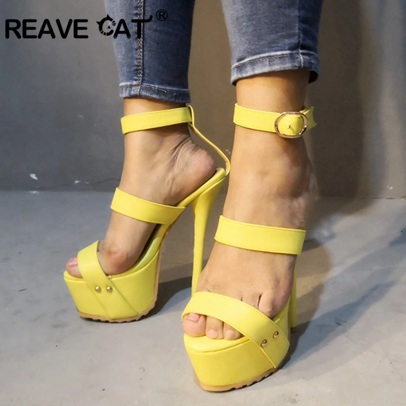 Женские босоножки на очень высоком каблуке REAVE CAT желтые вечерние Классические из