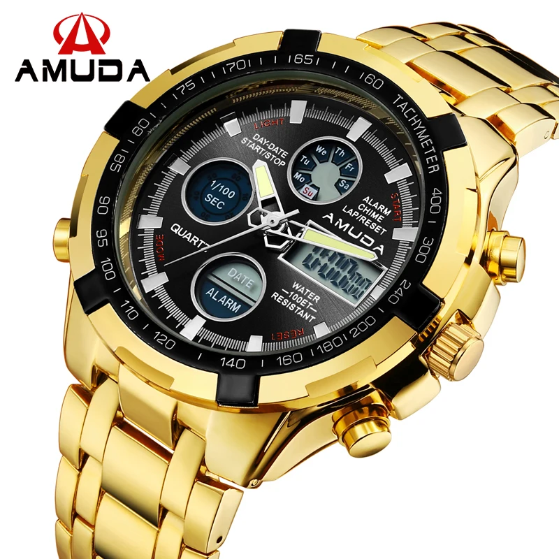 Prix pour 2017 Mode Montres Hommes Marque De Luxe AMUDA Or D'or Montres Hommes Sport Quartz-montre Dual Time Relogio Masculino Esportivo Prix pour 2017 Mode Montres Hommes Marque De Luxe AMUDA Or D'or Montres Hommes Sport Quartz-montre Dual Time Relogio Masculino Esportivo