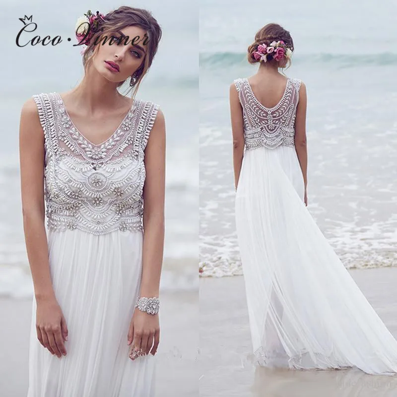 

C.V Europe Heavy Pearls Beading Fashion Bohemian Beach Wedding Dresses 2019 Sweep Train Plus Size Country Wedding Dress W0241