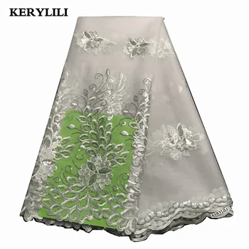 

New Arrival French Lace Fabrics Sequence Sliver White African Tulle Organza Lace Evening Dresses Craft Sewing Material KRL-42592