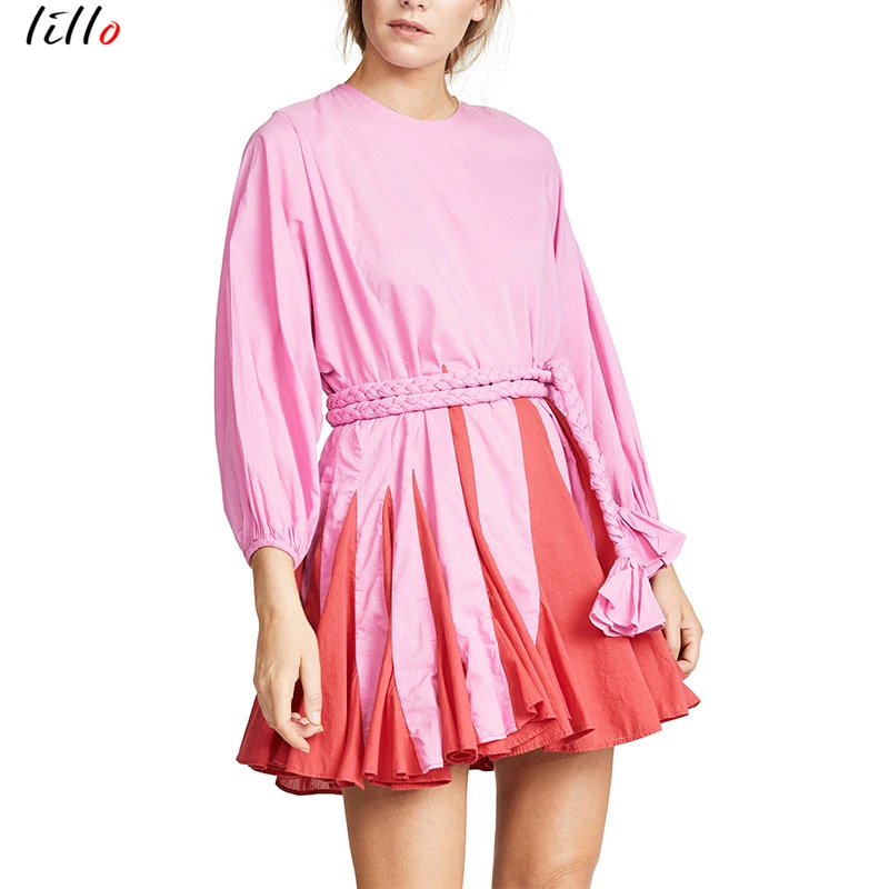 

Rainbow pleated dress fashion trend hit color 2019 summer lantern sleeves tie slim multicolor dress women dress elegant sexy