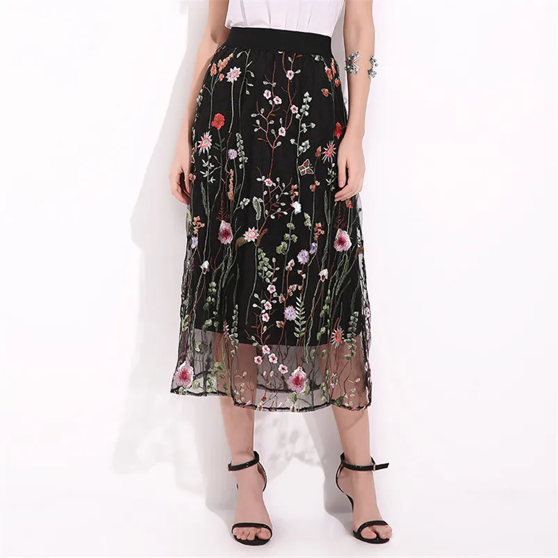 Women Ladies 2019 Summer Fashion Elegant Ladies Sexy Mesh Embroidered Waterweed Black Floral Plus Size Pleated mesh Skirt R24 (3)