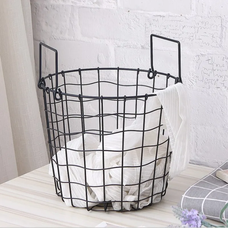 Black Home Storage Basket Geometric Iron Metal Wire Round Tray Magazine Post Flowers Organization Case with Handle - Color: A