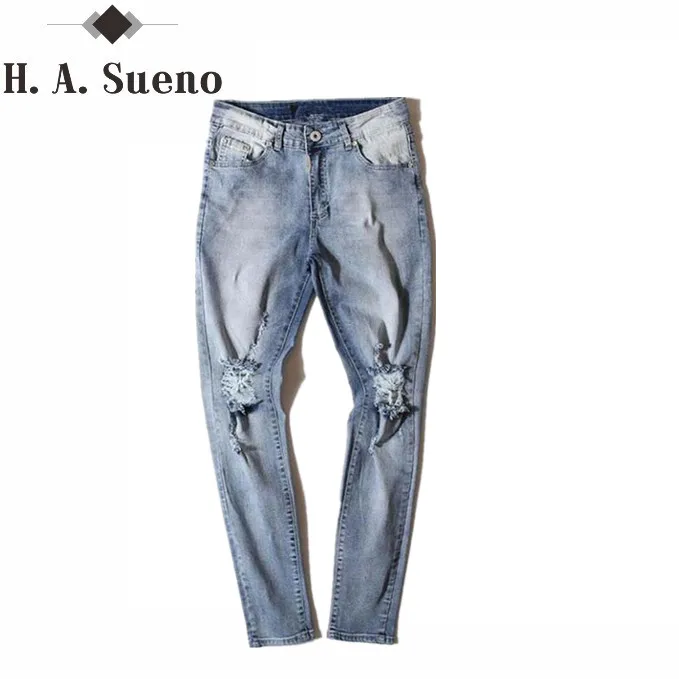Хип-хоп джинсы уличной Slim Fit Ripped классные джинсы Для мужчин Привет-улица Для мужчин s Distressed Denim Штаны отверстия на коленях мыть Уничтожено