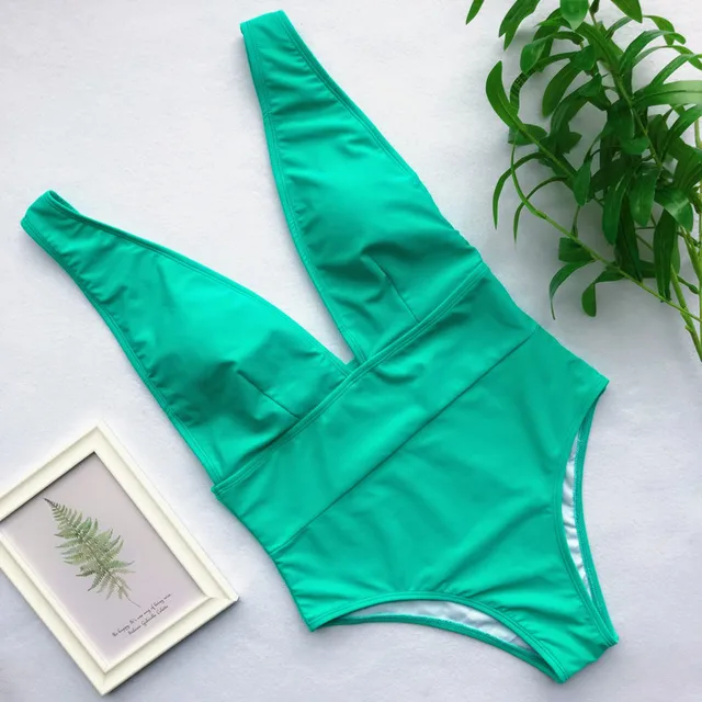 2019 Deep V Neck Neon Green Swimwear Women One Piece Swimsuit Female
