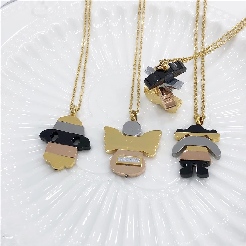 

Stainless Steel Angel wings Bear Girl Hamsa Fatima Hand Necklace Pendant Gold Chain Women Necklaces Earings Fashion Jewelry Gift