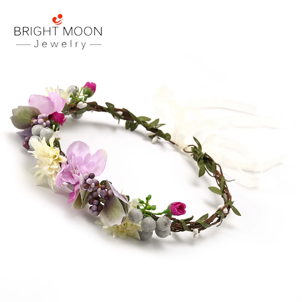 

Bright Moon Hot Sale Accessories Artificial Wedding Bridesmaid Wicker Rattan Ribbon Headband Flower Crown For Girls Women Gift