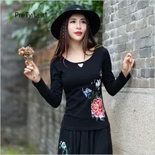 Осень национальной вышивкой Круглый воротник футболка