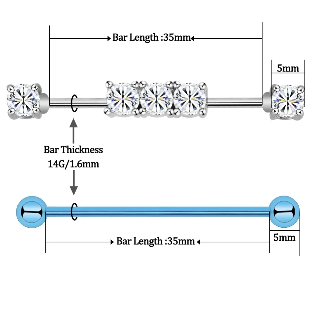 Тела панк 2 шт. 14 г хирургические Сталь бар с блестящие Ясно CZ Промышленные Штанги Пирсинг Украшения для Для женщин