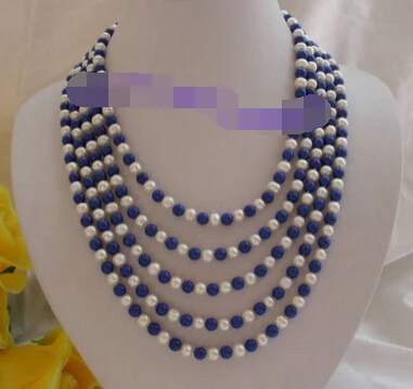 

FREE SHIPPING>>>@ new1384 100"round white freshwater pearls &lapis lazuli Necklace