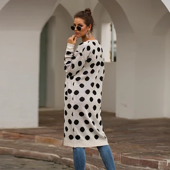 

Women Casual Fashion Kimono Cardigan Long Fashion Print Polka Dot Cardigan Knitted Fabric Kimono Shirt Loose Black Blouse Shirt